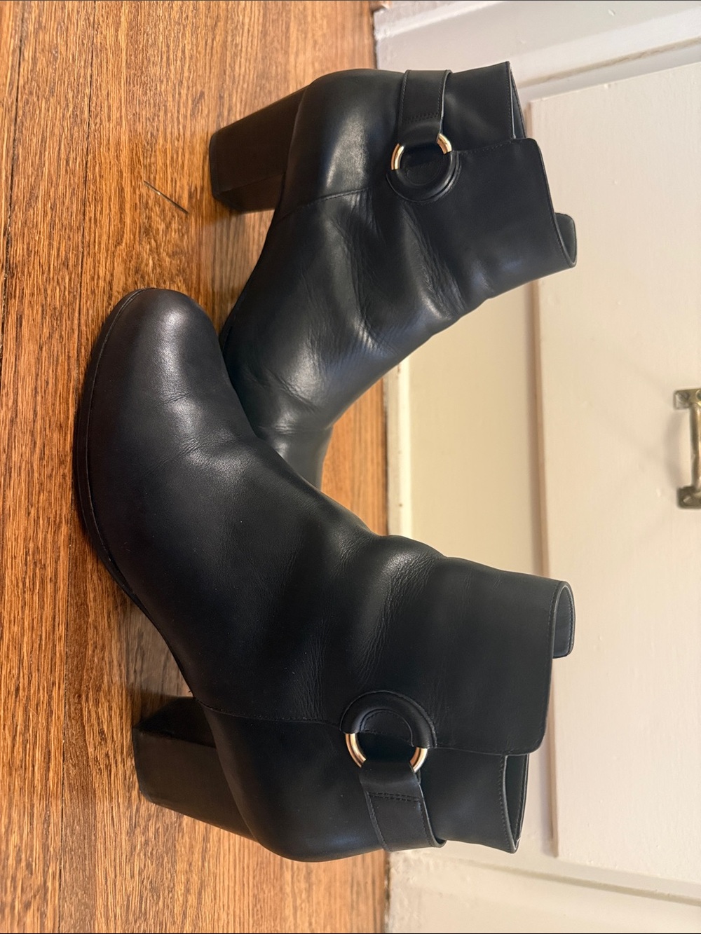 Cole Haan Black Leather Ankle Boots with Gold Ring Accent
